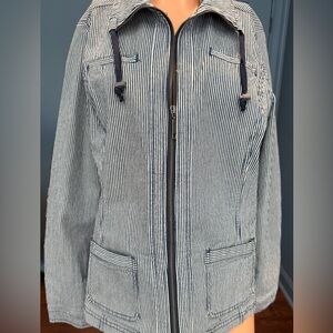 Striped Utility Jacket Blue White Zip Cotton Women M Christopher & Banks